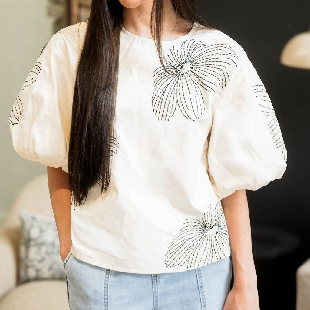 Floral Embroidered Puff Sleeve Top