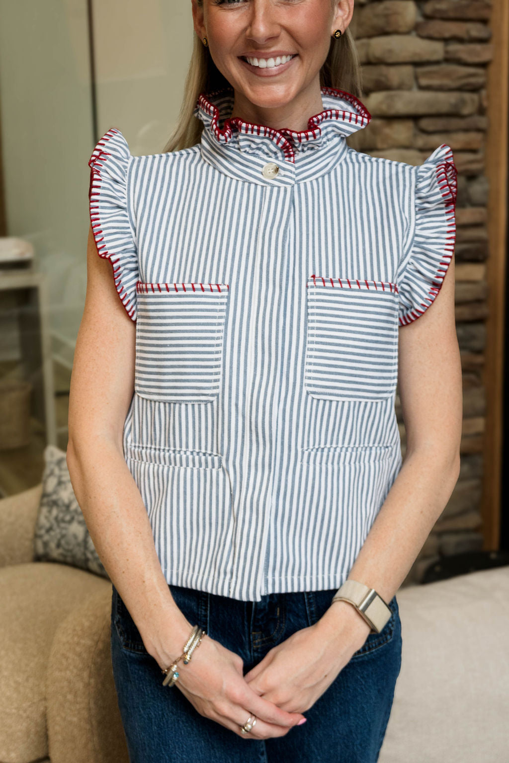 Striped High Neck Ruffle Sleeve Top Shirt
