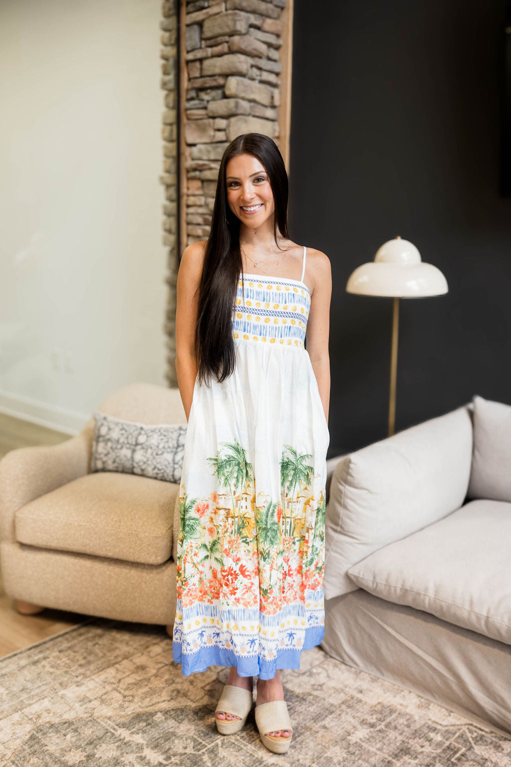 Tropical Scenic Print Midi Dress