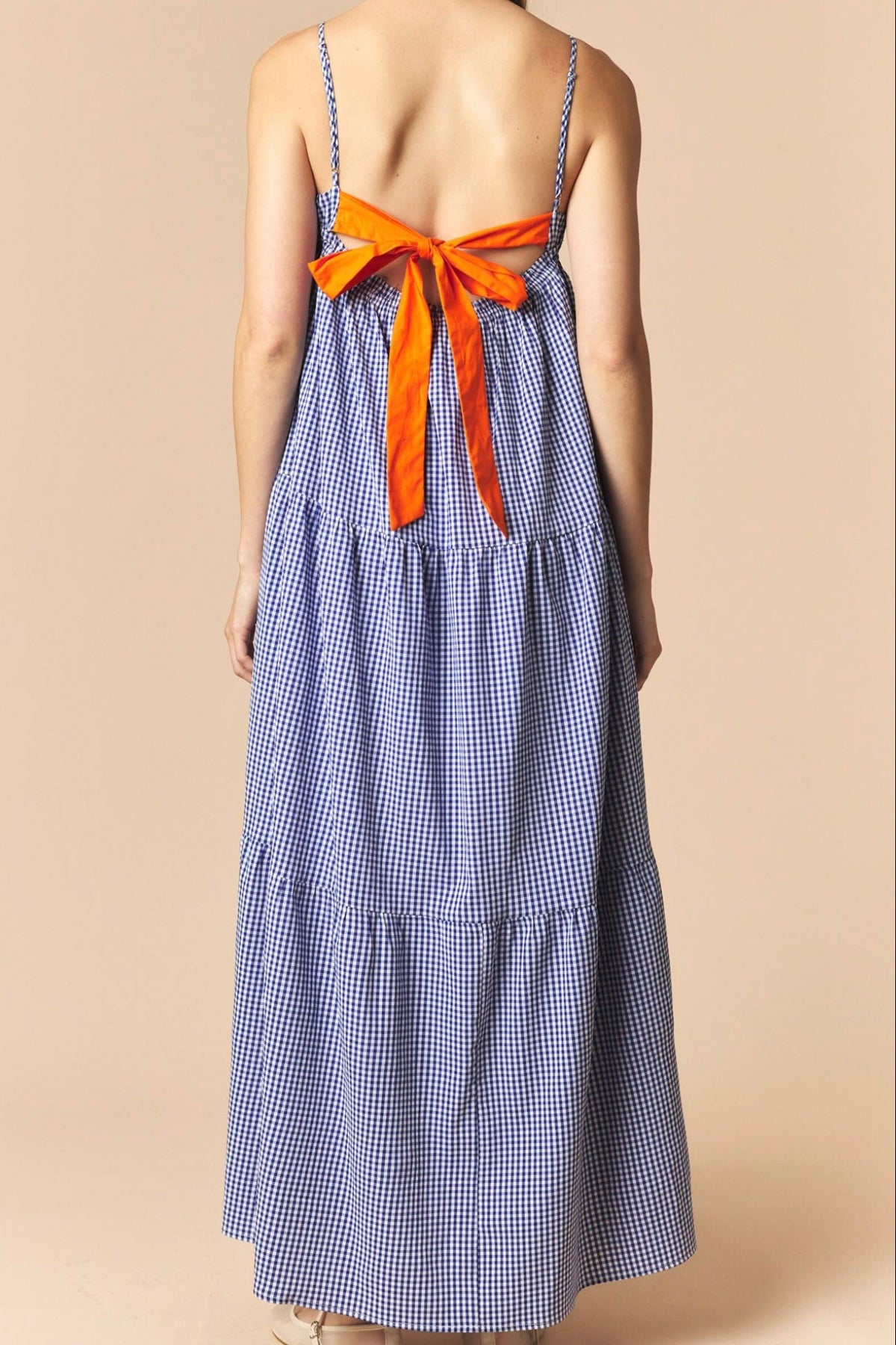 Navy Solid Bow Tie Gingham Tiered Dress