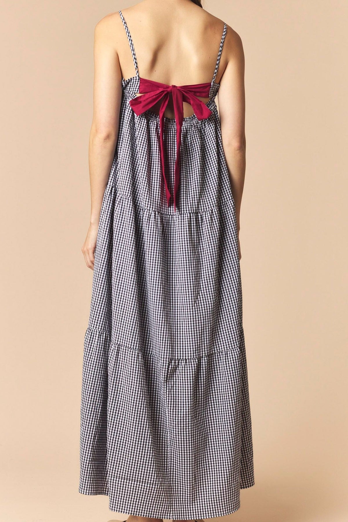 Black Solid Bow Tie Gingham Tiered Dress