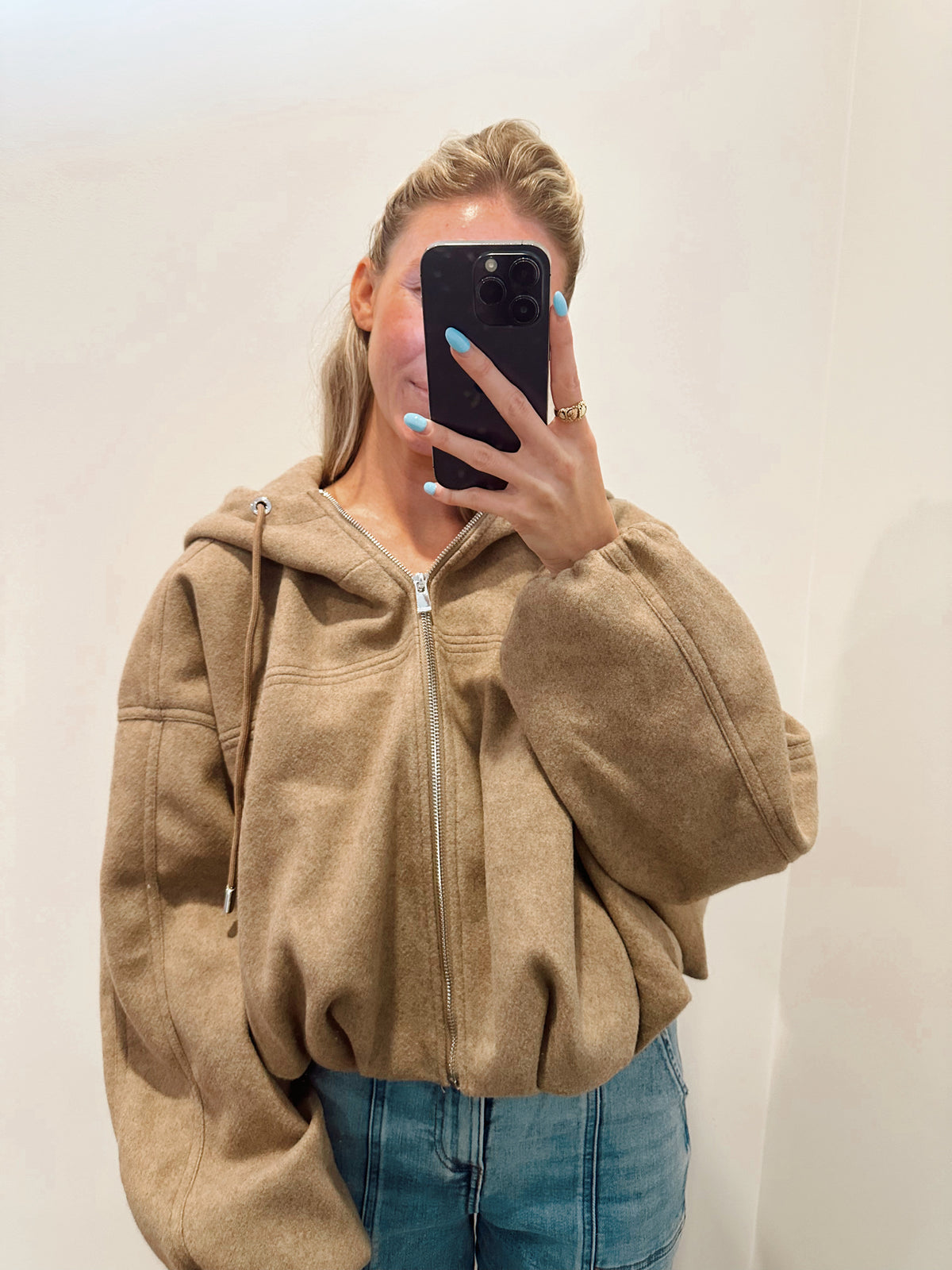 Cropped Balloon Sleeve Bubble Hem Zip Up Hoodie Jacket