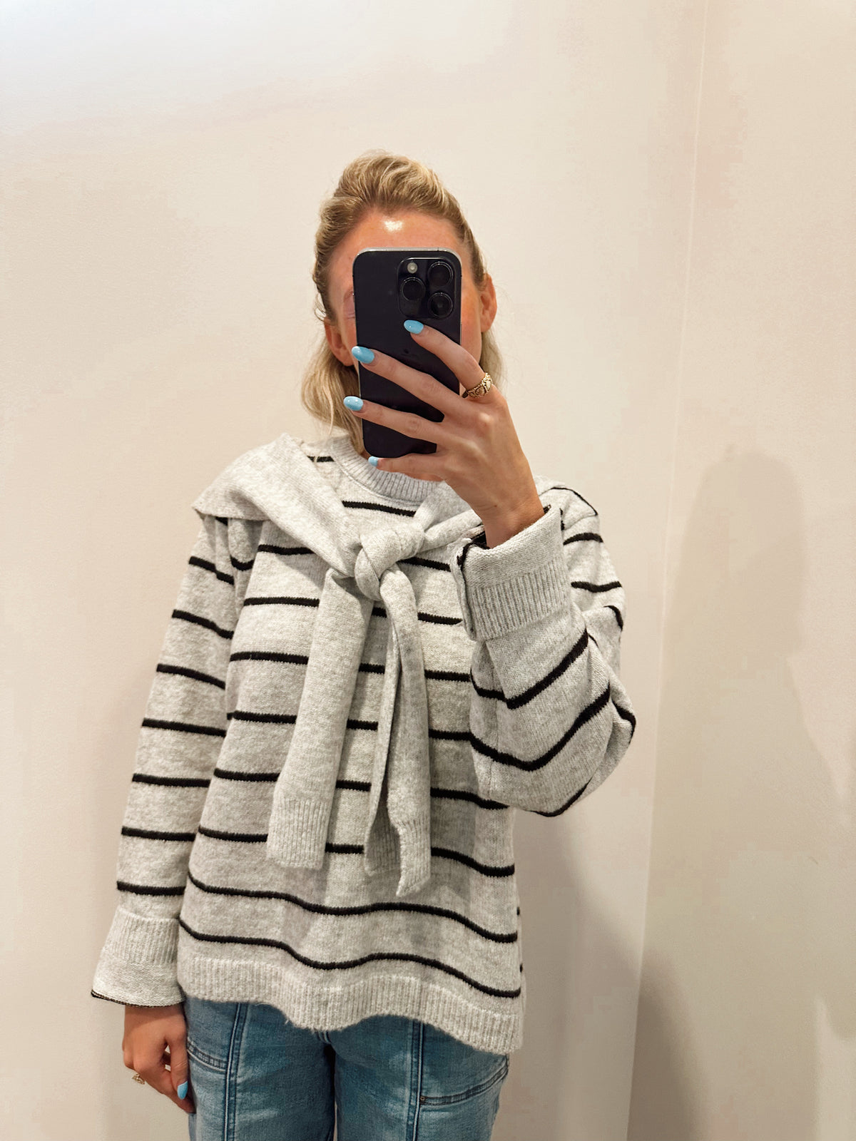 Striped Long Sleeve Knit Sweater With Detachable Knit Scarf