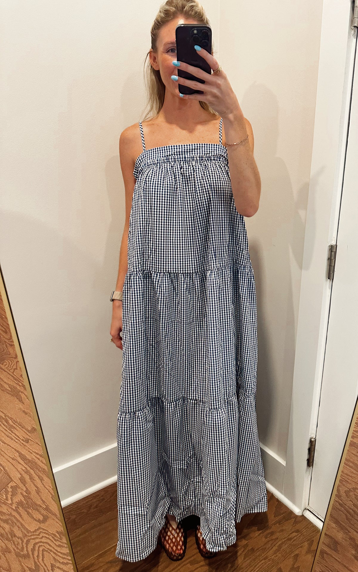 Navy Solid Bow Tie Gingham Tiered Dress