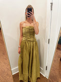 Strapless Ruched Bodice Smocked Midi Dress